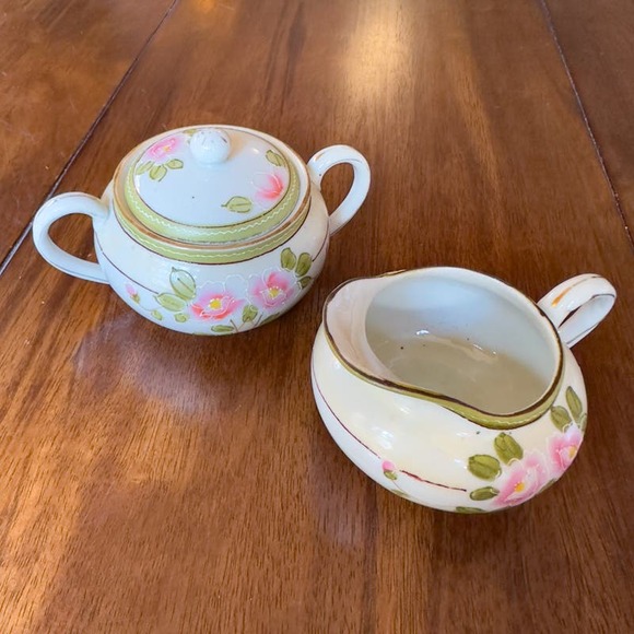 Antique Nippon Hand Painted Cream and Sugar Floral Rose w Moriage Pink Green - Picture 4 of 12